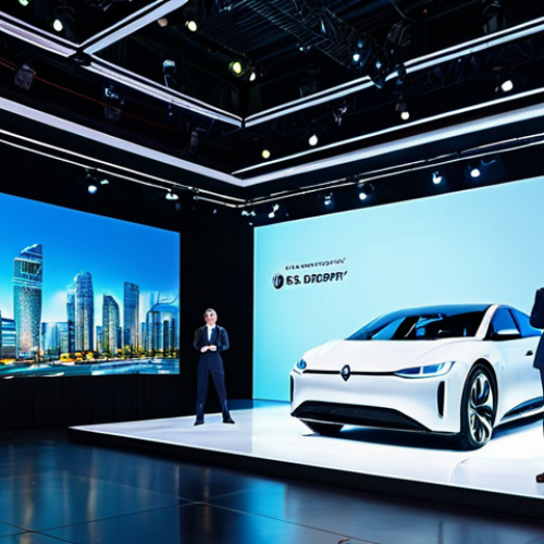 A professional event manager presenting a new product at a grand launch ceremony. The centerpiece is a stunning, luminous 3D holographic projection of a sleek, futuristic electric car, rotating in mid-air. Professional attendees, fully clothed in modest business attire, are captivated, some taking photos with their smartphones. The setting is a spacious, modern convention hall with sophisticated stage lighting and a large LED screen in the background, implying a dynamic city event. The atmosphere is innovative and high-tech, showcasing a groundbreaking brand experience. Safe for work, appropriate content, fully clothed, professional, perfect anatomy, correct proportions, natural pose, well-formed hands, proper finger count, natural body proportions.