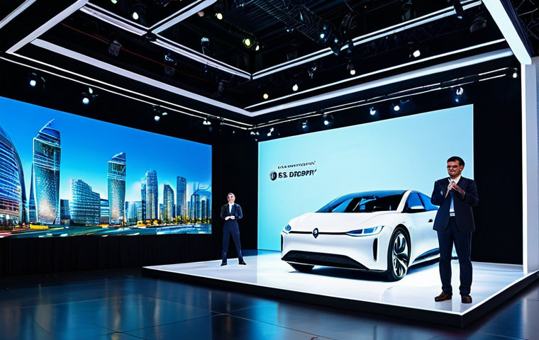 A professional event manager presenting a new product at a grand launch ceremony. The centerpiece is a stunning, luminous 3D holographic projection of a sleek, futuristic electric car, rotating in mid-air. Professional attendees, fully clothed in modest business attire, are captivated, some taking photos with their smartphones. The setting is a spacious, modern convention hall with sophisticated stage lighting and a large LED screen in the background, implying a dynamic city event. The atmosphere is innovative and high-tech, showcasing a groundbreaking brand experience. Safe for work, appropriate content, fully clothed, professional, perfect anatomy, correct proportions, natural pose, well-formed hands, proper finger count, natural body proportions.