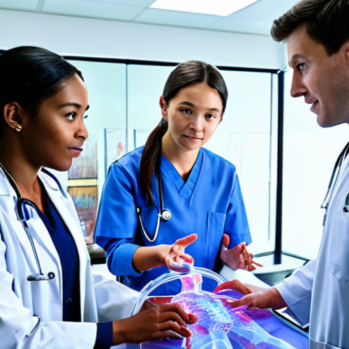 A group of diverse medical students and an experienced instructor in a state-of-the-art medical simulation lab. They are focused on a detailed, luminous 3D hologram of a human circulatory system, which appears translucent and floats in the center of the room, allowing for a clear view of intricate details. The students are observing and interacting with the hologram, pointing and discussing. All subjects are fully clothed in professional medical scrubs and lab coats, appropriate attire, modest clothing, professional dress. The scene is captured with professional lighting, perfect anatomy, correct proportions, natural pose, well-formed hands, proper finger count, natural body proportions, high quality, realistic rendering, safe for work, appropriate content, family-friendly.