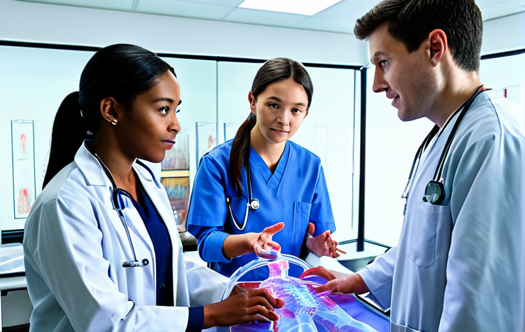 A group of diverse medical students and an experienced instructor in a state-of-the-art medical simulation lab. They are focused on a detailed, luminous 3D hologram of a human circulatory system, which appears translucent and floats in the center of the room, allowing for a clear view of intricate details. The students are observing and interacting with the hologram, pointing and discussing. All subjects are fully clothed in professional medical scrubs and lab coats, appropriate attire, modest clothing, professional dress. The scene is captured with professional lighting, perfect anatomy, correct proportions, natural pose, well-formed hands, proper finger count, natural body proportions, high quality, realistic rendering, safe for work, appropriate content, family-friendly.